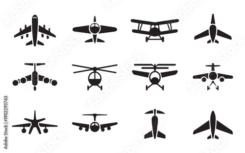 Set of black airplane icons showing front and top views of various commercial jets and small propeller planes