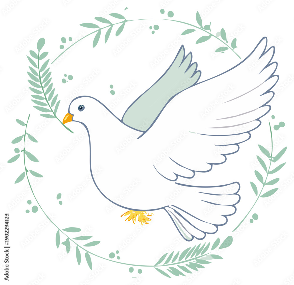 Obraz premium Stylized White Dove Flying with Olive Branch Surrounded by Greenery Peace Symbol Concept