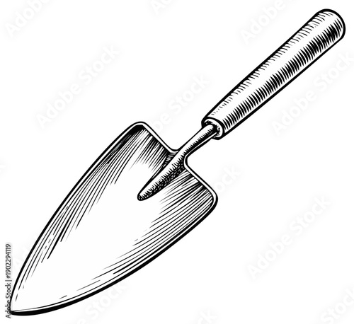 Vintage hand trowel tool engraving for gardening and planting isolated on white