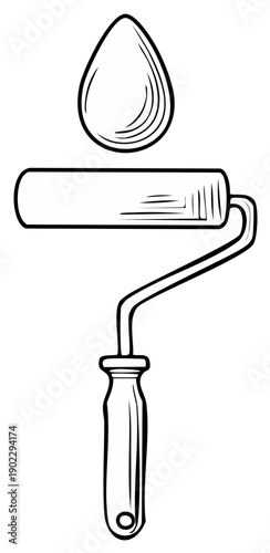 Classic line art illustration of a paint roller with a falling paint drop ready for home renovation or artistic projects