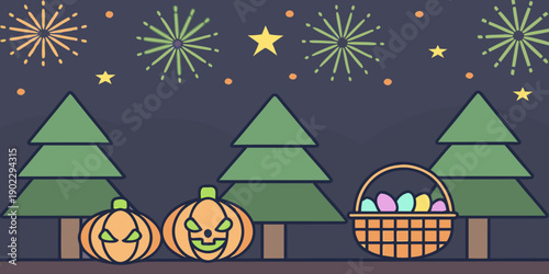 Festive halloween scene with fireworks pumpkins and trees
