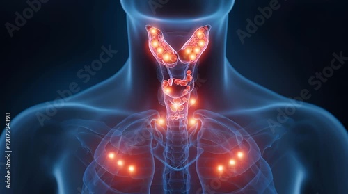 A human neck with the thyroid and parathyroid glands, as well as the lymph nodes, highlighted in orange. The concept of the endocrine system, hormonal disorders, and inflammation.