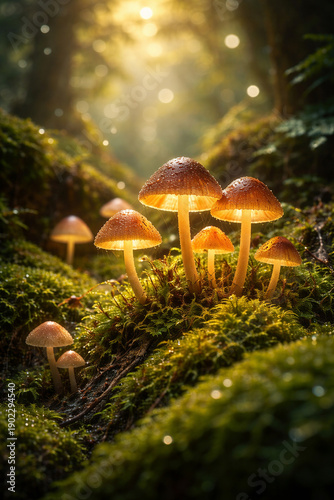 Enchanted Tiny Mushrooms in a Mossy Forest Fairy Tale Mood