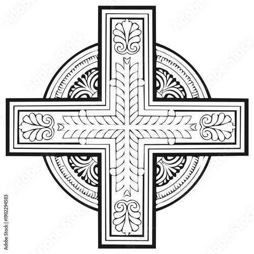 Black and white Celtic cross with floral details and decorative circle