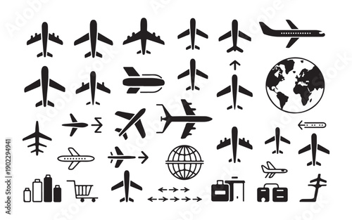 Set of travel and airport related vector icons depicting planes, luggage, cart, and global travel