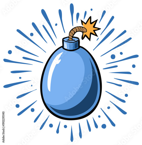 Cartoon illustration of a blue bomb with a lit fuse and explosion sparks, vector graphic