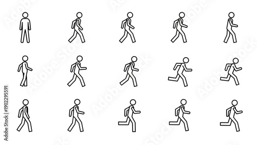 Animated stick figure sequence showing various walking and running motions