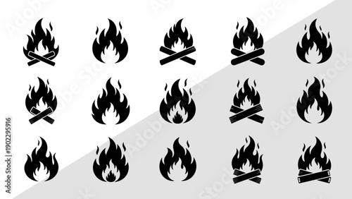 Set of various fire flames icons silhouette black and white elements