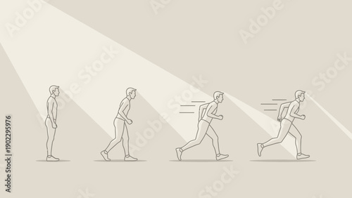 Running man silhouette sequence under light beam on beige background