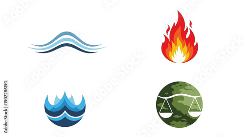 Abstract elemental icons depicting fire water earth air conceptual graphics