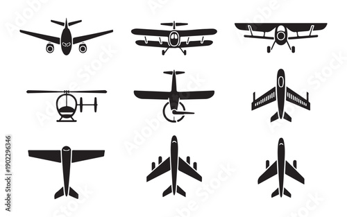 Aviation icons featuring different plane designs like helicopters biplanes and passenger airliners isolated