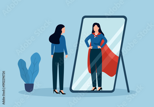 Self confidence. Woman looking at his strong ideal self superhero reflection mirror. Flat vector illustration