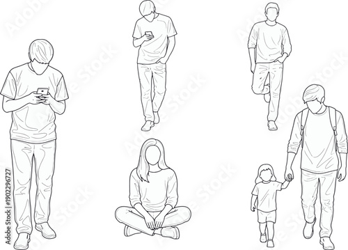 A collection of people line art, depicting diverse poses, attire, and expressions. 