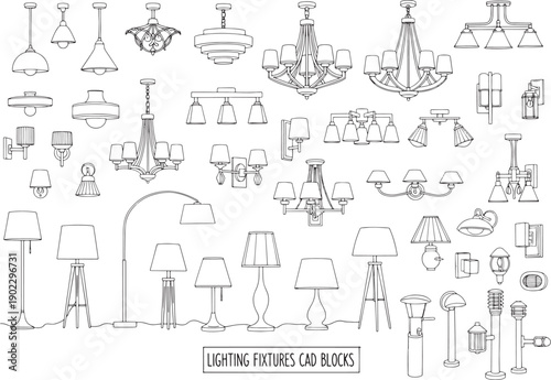 A detailed line drawing showcases a variety of lighting fixtures, offering a comprehensive display of lamps and chandeliers.