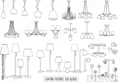 Showcasing a collection of diverse lighting fixtures meticulously rendered in CAD blocks, presenting an array of design and functionality options.