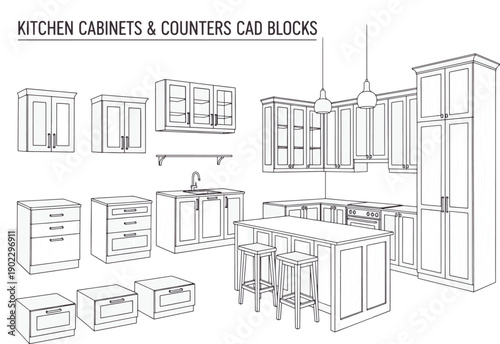 A comprehensive CAD block illustration showcasing kitchen cabinet, capturing the details of modular kitchen, interior design and architecture.