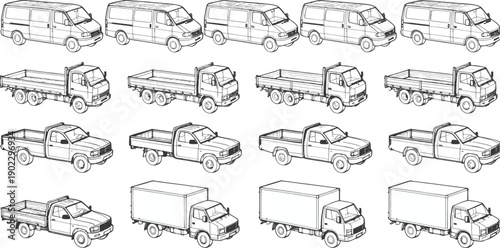 A fleet of various truck, ready for transport, offers a comprehensive visual resource for logistic or transportation projects, in a simple linear style, providing clear representation and usability.