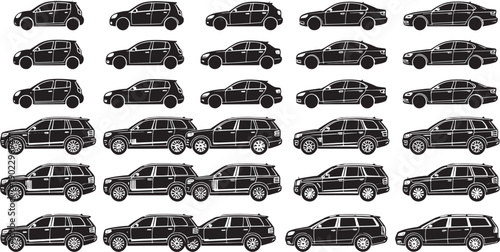 Diverse array of black vehicles in various styles, showcasing the versatility of modern automotive design.