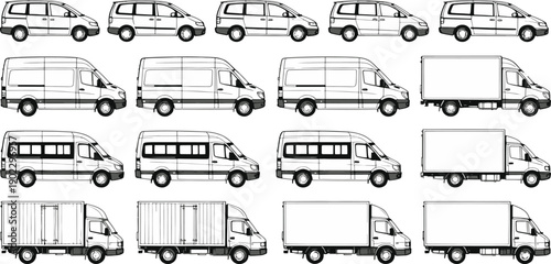 A variety of industrial transportation vehicles, outlined in clean, uniform lines, poised in a grid arrangement. Perfect for conveying efficiency and reliability.