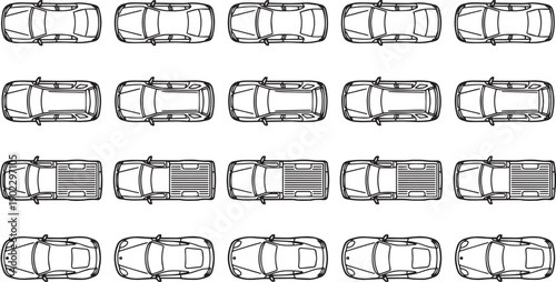 A grid of Various cars and transport vehicles from a top-down perspective, perfect for use in transportation projects, highlighting design diversity and offering a clean.