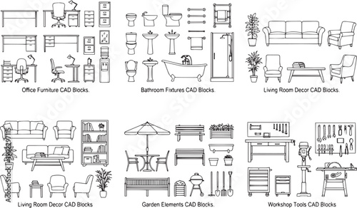 Architectural CAD blocks of office, bathroom, living room, garden, and workshop furniture are illustrated in a simple black and white design.