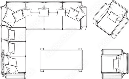 Elegant furniture layout plan, revealing a sectional sofa and matching armchair and table from a top-down perspective, perfect for visualizing room design.