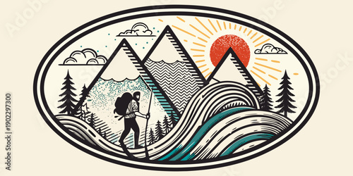 A hiker walks toward mountains and a rising sun in a circular design