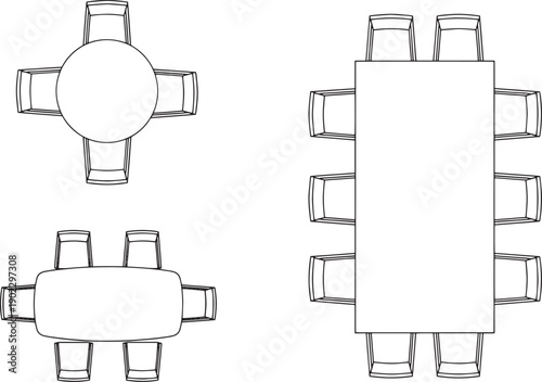 Modern furniture arrangement, showcasing the different forms of table setting and their chair placements. perfect for illustrating interior design.