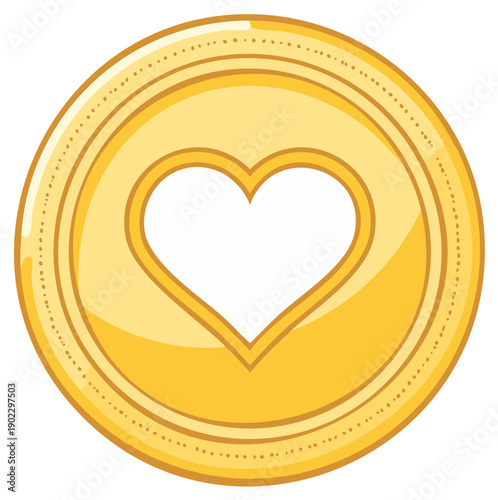 Golden coin with heart symbol representing love, charity, financial value, or generosity