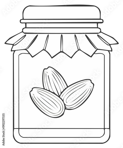 Jar of almond preserves with a decorative cover, a black and white line art illustration