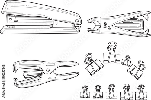 A detailed sketch illustration showing a stapler, stapler remover and binder clips of various sizes, essential office tools for everyday tasks.