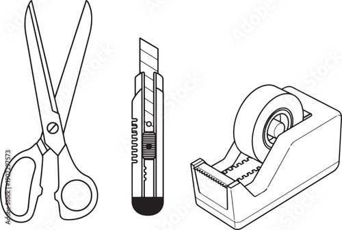 Scissors, utility knife, and tape dispenser arranged neatly, perfect for crafting or office tasks.