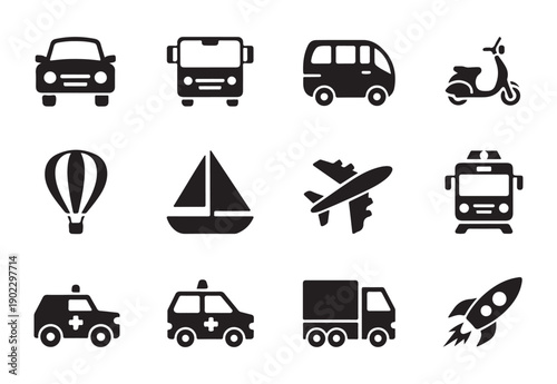 Set of transportation icons car bus van scooter hot air balloon airplane ambulance truck rocket