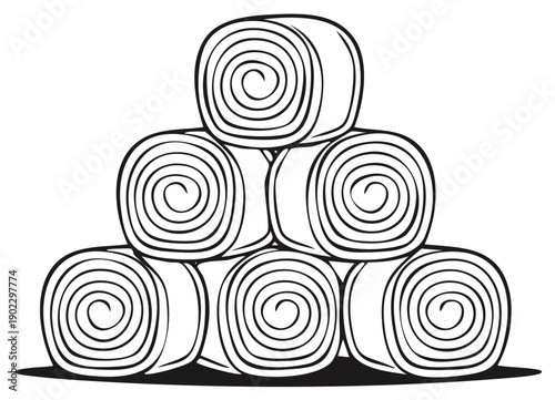 Simple Stacked Hay Bale Rolls Illustration in Black and White, Rural Countryside Scene, Agriculture Theme