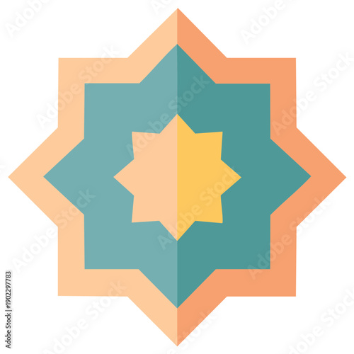 Geometric eight point star mosaic tile pattern with coral blue and peach colors
