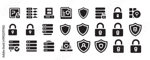 Server security and cloud data protection icons, network shield symbols. vector illustration eps 10
