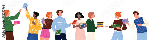 Diverse group of young adults happily sharing and exchanging books, representing a bookcrossing community and literature fans, isolated on white background vector illustration