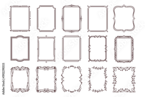 Set of decorative line frames with geometric, floral and vintage borders for invitations, certificates, posters and greeting cards on beige background, elegant outline vector illustration