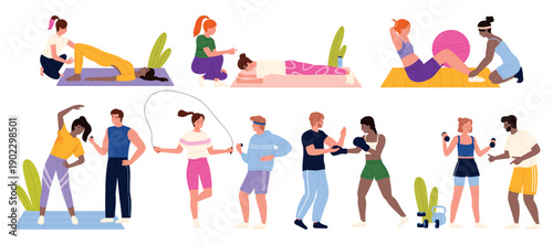 Group of personal trainers guiding athletes through various exercises, including stretching, boxing, skipping, and strength training, promoting active healthy lifestyle, isolated on white background