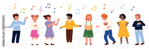 Group of diverse kids singing together in a cheerful school choir, performing music with joy and friendship, musical notes above, isolated on white background vector illustration