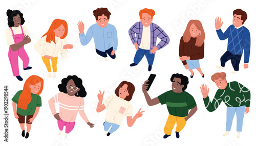 Top view crowd of diverse young people standing, waving, taking selfie, looking up at camera, casual clothes, friendly community characters, isolated on white background vector illustration
