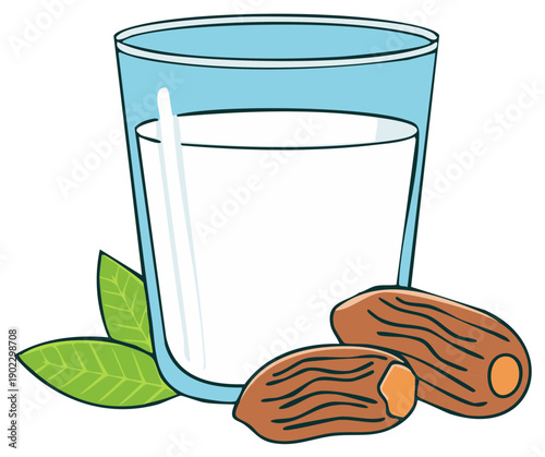 Fresh glass of milk with sweet dates and green leaves nutritious beverage illustration