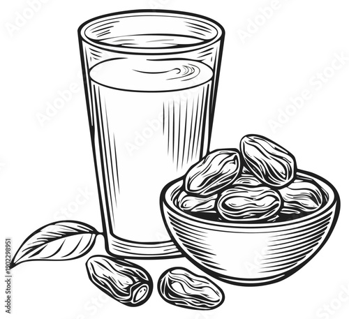 Glass of Milk with Bowl of Dates and Leaves Illustration