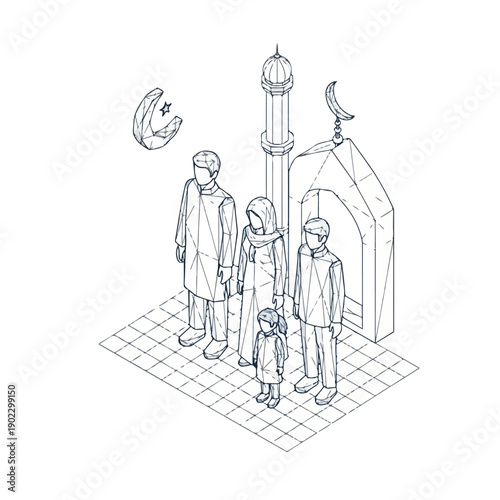 Stylized isometric illustration of a Muslim family standing in front of a mosque with crescent moon and star symbols