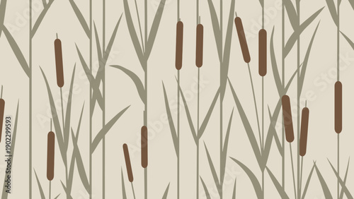 Cattail reeds pattern, natural beige background, organic seamless texture