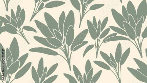 Sage Leaves Pattern: Green Herb Plant Illustration on Cream Background