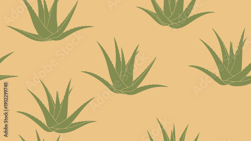 Seamless Aloe Vera Pattern, Green Succulent Plant Illustration on Beige Background