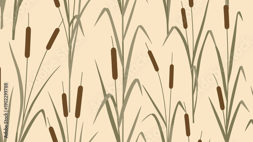 Seamless Pattern of Cattails Reeds on Beige Background