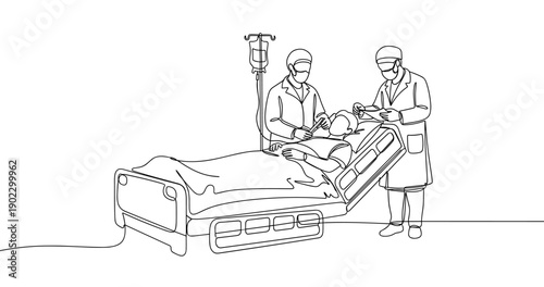 Medical team caring for patient in hospital bed - continuous line illustration. No editable stroke