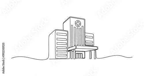 Minimalist line drawing of hospital building with cross symbol. No editable stroke